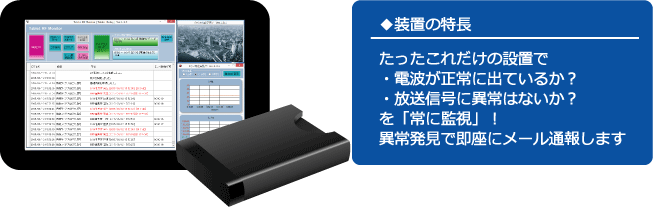 たったこれだけの設置で「電波が正常に出ているか」「放送信号に異常はないか」を常に監視。異常発見で即座にメール通報します。